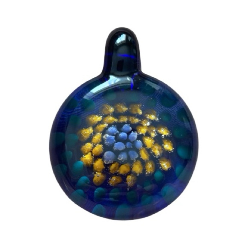 Blue and Yellow Abstract Handmade Round Glass Pendant